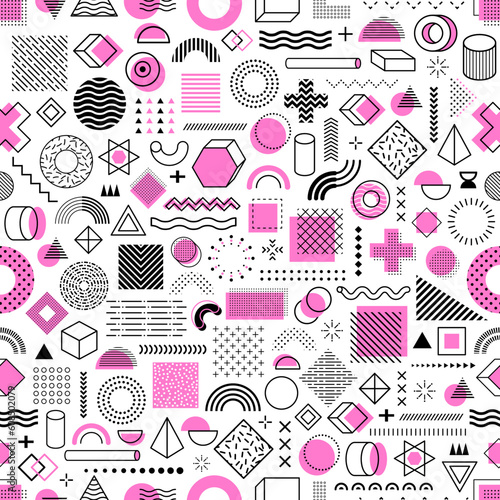 Memphis geometric shapes seamless pattern background of abstract elements, vector colors and forms. Memphis pattern shapes of doodle line dots, circle or zigzag and triangles, pink stars and cylinders