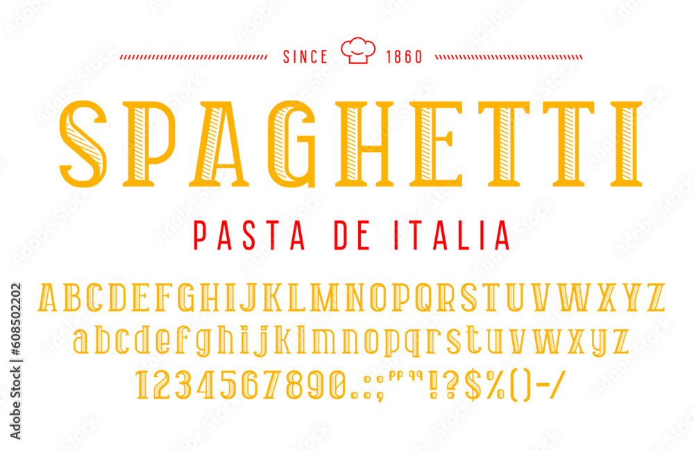 Vetor de Italian pasta font or type, kitchen typeface, retro alphabet