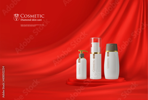 Red cosmetics podium with bottles and silk waves on background. Vector mockup of cosmetic and beauty product ad banner. 3d display stand, round stage or pedestal with realistic cosmetic containers