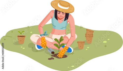 Gardener or farmer woman character planting plants at garden, vector agriculture, gardening or farming. Cartoon cheerful girl personage planting seedlings of flowers or vegetables with garden shovel