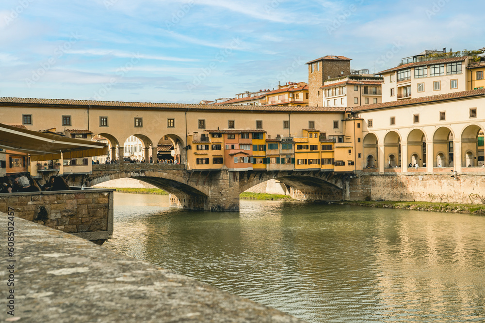 The Ponte Vecchio is the only bridge in Florence spared from destruction during the Second World War. It has shops built along it.