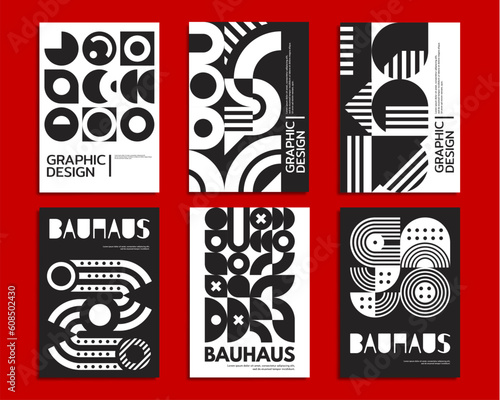 Monochrome geometric bauhaus posters. Abstract patterns of vector graphic shapes with black white circles, lines, dots and crosses, triangles, eyes and arches. Modern creative bauhaus patterns set