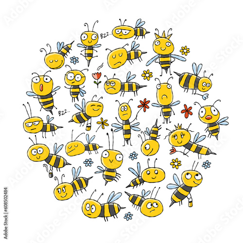 Funny Bees family. Circle frame isolated on white. Beehive for your design