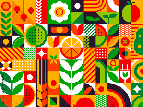 Abstract summer fruits geometric bauhaus pattern. Vector fruit food, flower and leaf background of geometric mosaic with farm watermelon, lemon and wheat, orange, berry and apple, bauhaus pattern tile