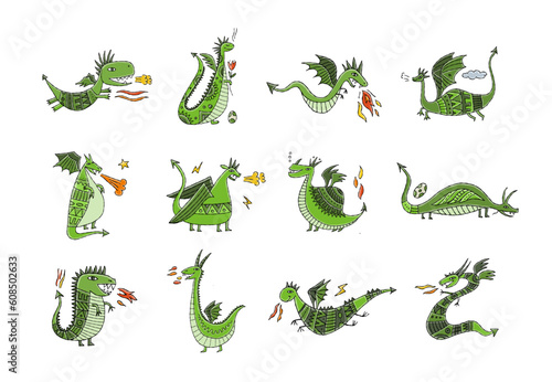 Funny Dragon characters isolated on white. Symbol of Chinese New Year 2024. Dragon Icons set for your design