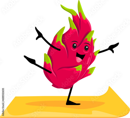 Cartoon dragon fruit character on yoga fitness. Cheerful pitaya isolated personage practicing yoga on mat, cute dragon fruit mascot or vector character doing fitness exercises or workout
