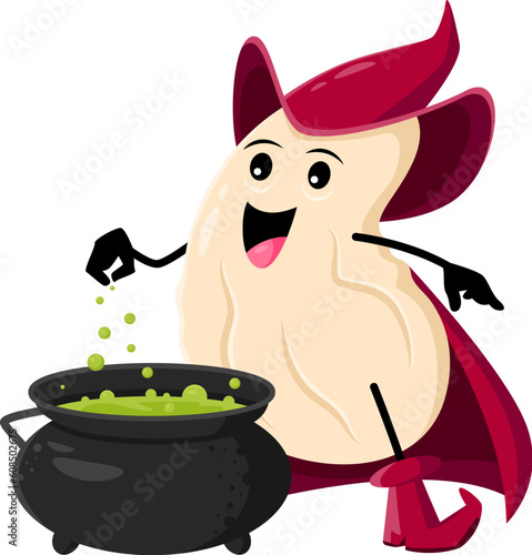 Cartoon cashew nut wizard and sorcerer character. Isolated vector funny enchanter wear Halloween cloak and pointy hat cooking potion in cauldron. Jovial magician personage with enchantment magical pot