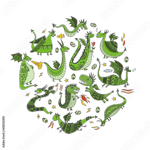 Collection of Dragons family isolated on white, circle frame. Symbol of Chine...