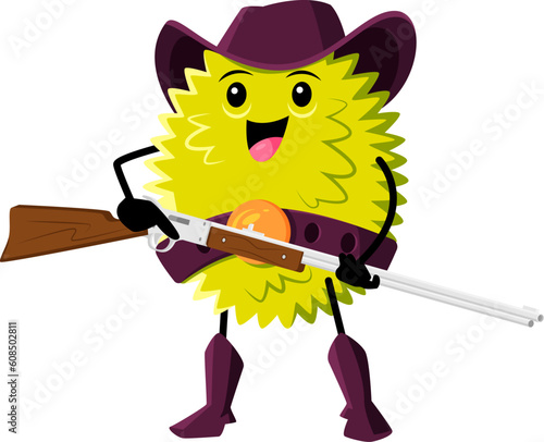 Cartoon durian or jackfruit fruit ranger character. Vector tropical plant in cowboy hat, boots, belt holding rifle. Funny vitamin fairytale healthy food ready for feat, kids menu sheriff personage
