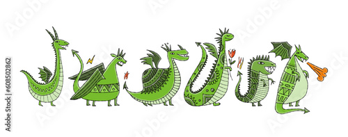 Collection of 6 Dragons isolated on white, horizontal card. Symbol of Chinese...