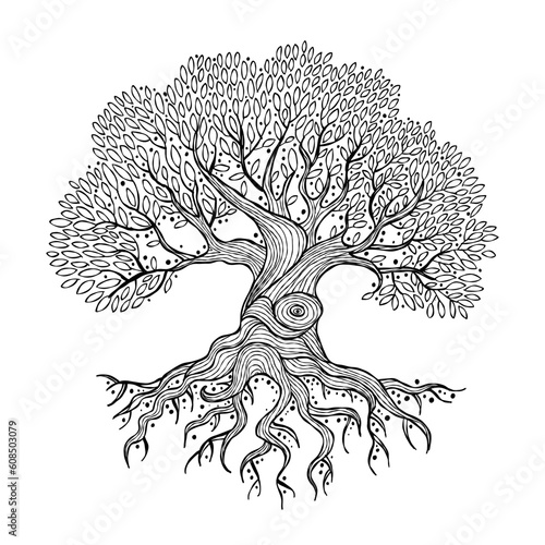Old big family tree with roots isolated on white. Concept Art for your design. Design interior ideas.