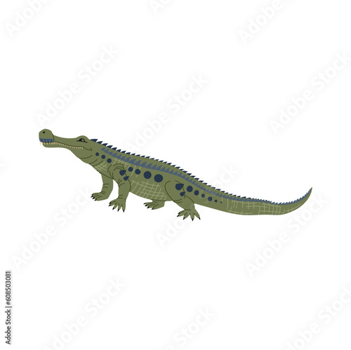Sarcosuchus extinct genus of crocodile, green swimming dinosaur ancient dino cartoon character. Vector crocodile large basal archosaur reptile