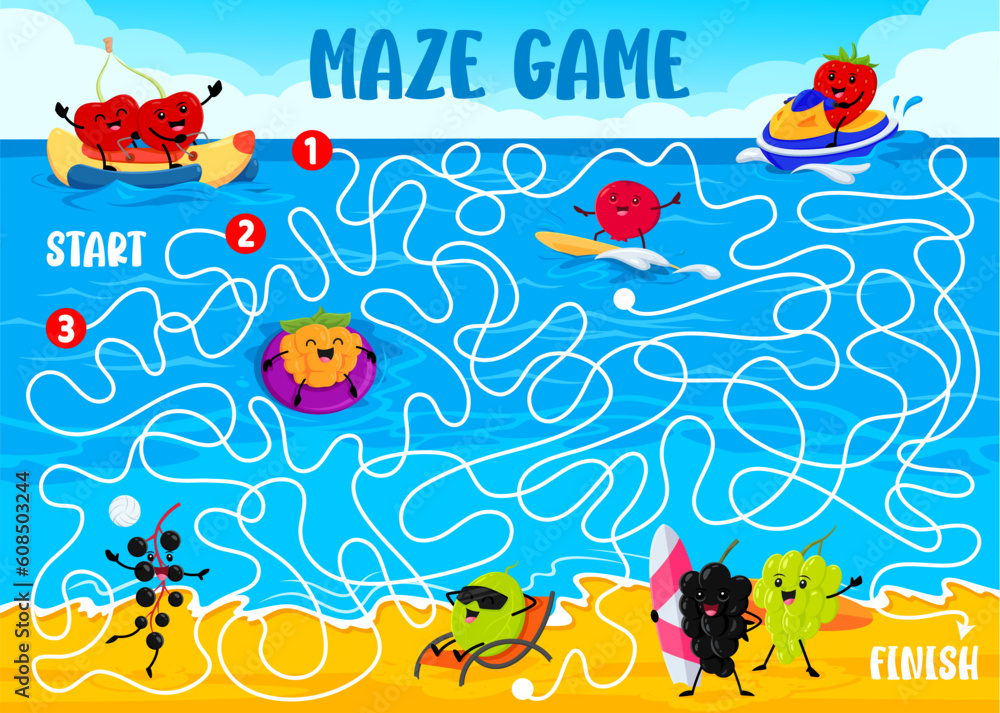 Obraz premium Kids labyrinth maze. Cartoon berry characters on summer beach vacation. Maze vector worksheet with cherry, strawberry, cowberry and raspberry, gooseberry, elderberry surfing and swimming personages