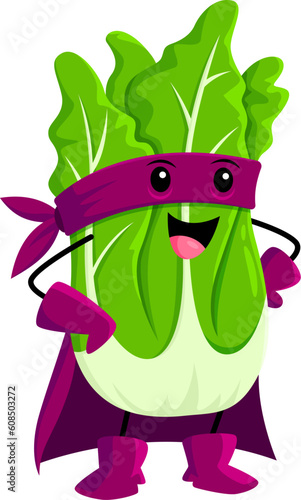 Cartoon cheerful romaine cabbage vegetable superhero character. Fresh vegetable warrior, strong defender or hero isolated vector cute mascot. Cabbage superhero cute personage standing in cape and mask