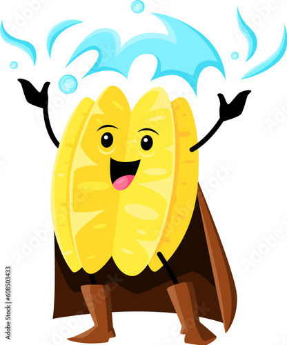 Cartoon tropical carambola fruit wizard, warlock or mage or character. Vector star fruit magician with magic energy power or prana casting spell. Funny sorcerer in cape, healthy fascinator personage