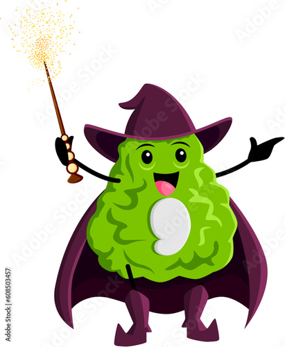 Cartoon bergamot tropical fruit wizard or magician character. Vector citrus necromancer fairytale Halloween personage with glowing magic wand. Funny smiling wiz wear cape, cute sorcerer vitamin food