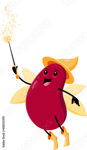 Cartoon red kidney bean fairy character. Funny vector winged pixie legume or haricot seed with mischievous expression wear fantasy outfit holding wand. Whimsical fantasy personage with smiling face