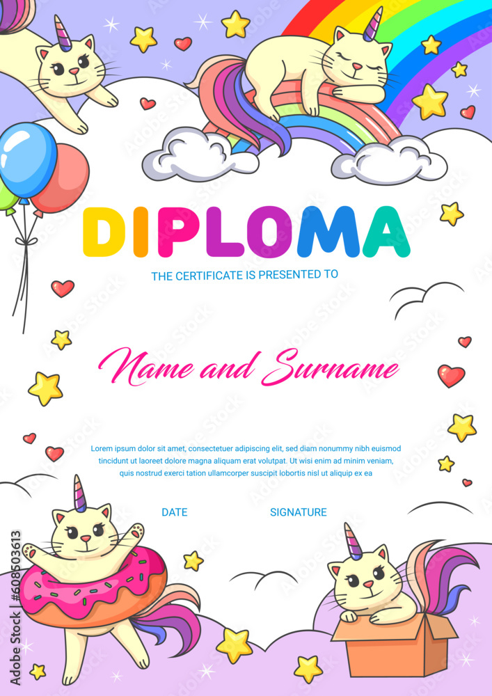 Kids diploma cartoon funny caticorn cats on rainbow. Vector vertical template of education or graduation school or kindergarten certificate with cute kawaii unicorn kittens. Award frame for winner