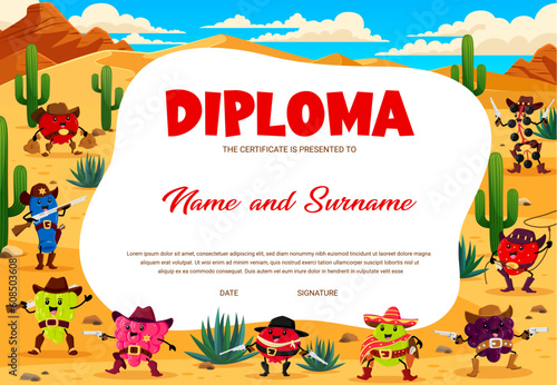 Western kids diploma, cartoon berry cowboy, sheriff, ranger and bandit characters. Education vector certificate with cranberry, honeyberry, grapes and strawberry. Raspberry, blackberry, gooseberry