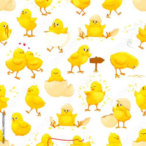 Cartoon chick characters seamless pattern. Cute yellow baby chicken personages with egg shells, worms and cereal grains, vector background. Funny little chicks pattern, Easter backdrop or tile