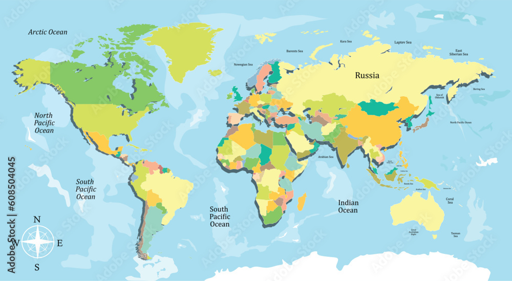 Colored world map. Political maps, colorful world countries. Geography
