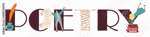 Conceptual Cartoon Vector Illustration with POETRY Text Block for Poetry Day, March 21, World Writers Day, March 3 with a typewriter, pen and inkwell.