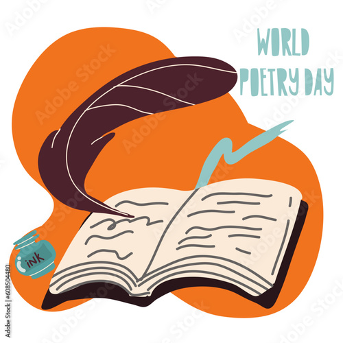 World poetry day, march 21. Vector illustration of inkwell and feather.