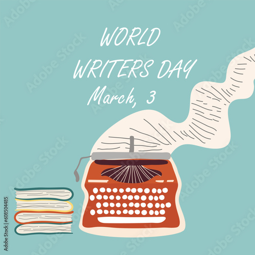 Conceptual cartoon vector illustration for Poetry Day, March 21, World Writers Day, March 3 with a typewriter.