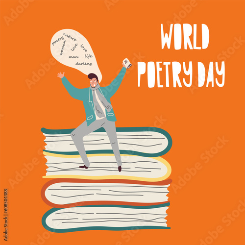 Conceptual cartoon vector illustration with character woman, man for Poetry Day, March 21, World Writers Day, March 3 with a typewriter.