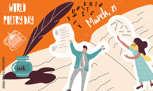 Conceptual cartoon vector illustration collage for Poetry Day, March 21st, World Writers Day, March 3rd with typewriter, pen and inkwell.