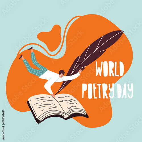 Conceptual cartoon vector illustration with character woman, man for Poetry Day, March 21, World Writers Day, March 3 with a typewriter.