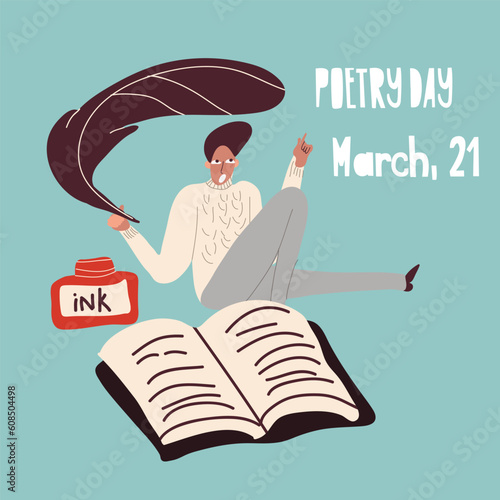 Conceptual cartoon vector illustration with character woman, man for Poetry Day, March 21, World Writers Day, March 3 with a typewriter.