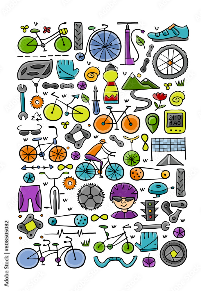 Bicycle time. Types of bicycles, tools and spare parts. Vertical frame for your design - print, cards, t-shirts etc