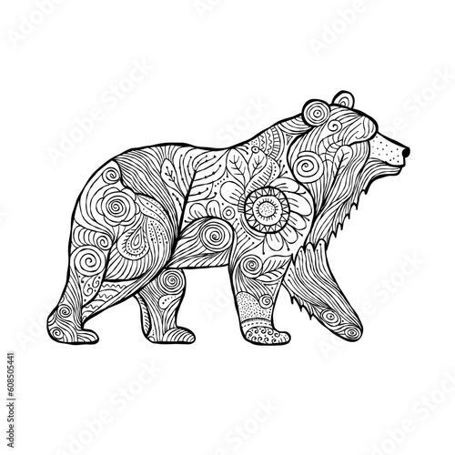 Bear character with Ethnic Floral Ornament isolated on white