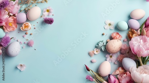 Top View of Happy Easter Day banner concept design of colorful eggs and plants
