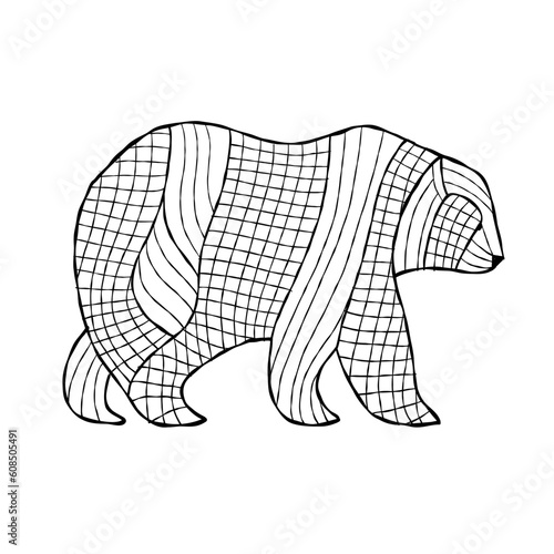 Bear character with stripe and plaid abstract ornament isolated on white
