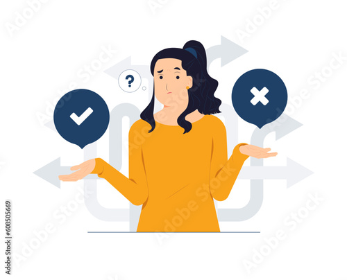 Business decision making, career path, work direction, dilemma, choose, undecided. confusing woman looking at crossroad sign with question mark and think which way to success concept illustration