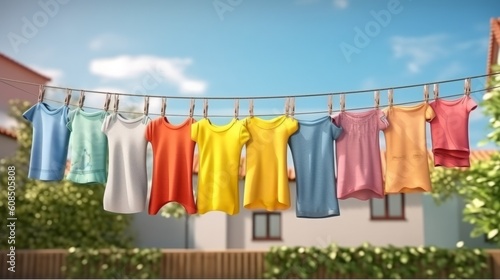 A Clothes Line with Colorful Laundry Hanging in a Row. Generative ai