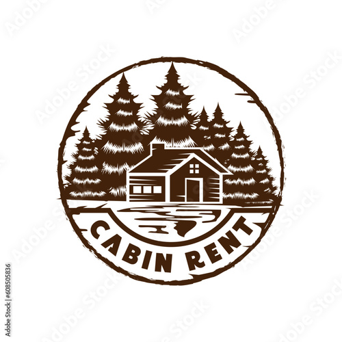 Vintage Retro Circular Pine Trees Forest with Rent Cabin Chalet Logo Design Vector photo
