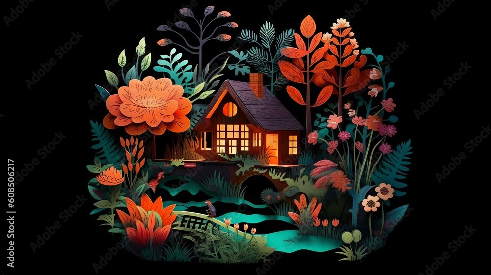 Wooden house in a garden paper cut out design. Made with Generative AI.