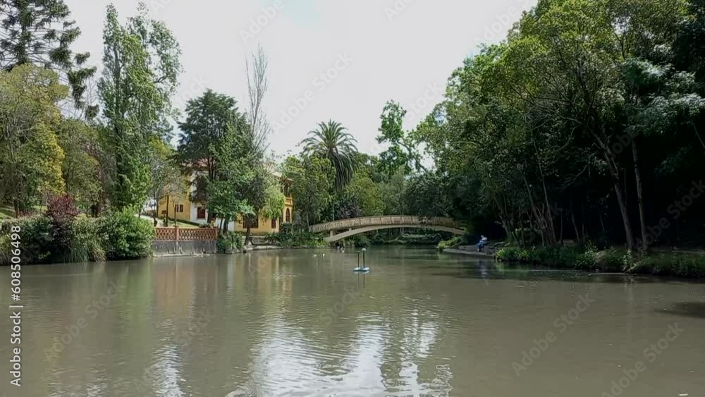 The lake in the park with trees around and a small bridge in the background The lake in the park with trees around and a small bridge in the background