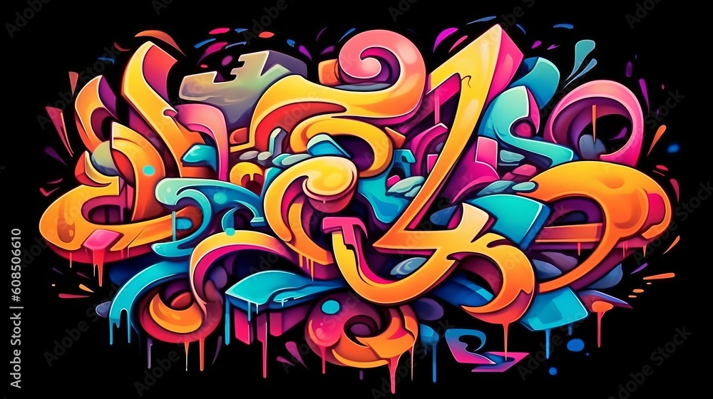 A vibrant graffiti art piece on a dark backdrop. Generative ai