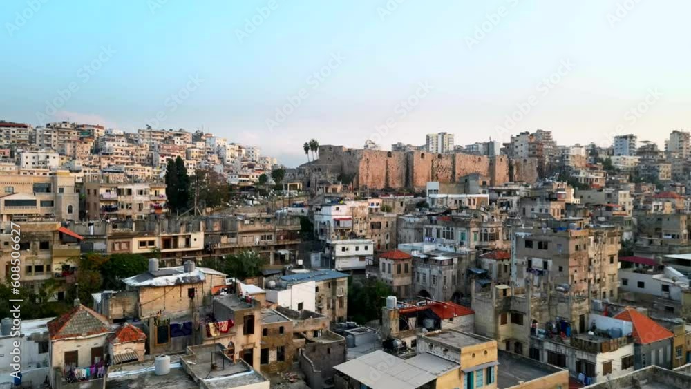 Drone shot rising up over huge dense city with poverty in Middle East Drone shot rising up over huge dense city with poverty in Middle East