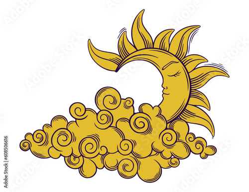 Tarot boho sun behind cloud. Tarot sun with face and closed eyes. Vector illustration isolated on white backround