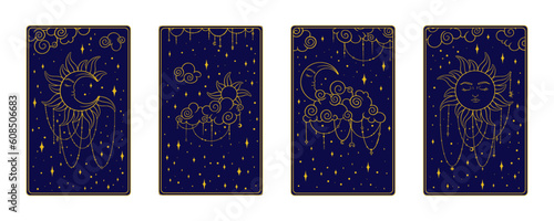 Tarot card backs set. Dark tarot card covers for fortune telling practices. Vector illustration on white backround