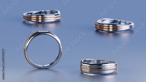 Macro focus of two platinum rings with ring as blurred background on blue background from design with 3d render.