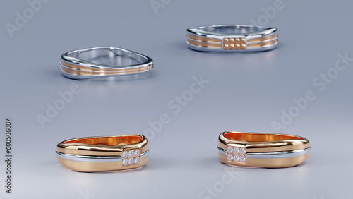 Macro focus of two gold rings with platinum ring as blurred background on white background from design with 3d render.