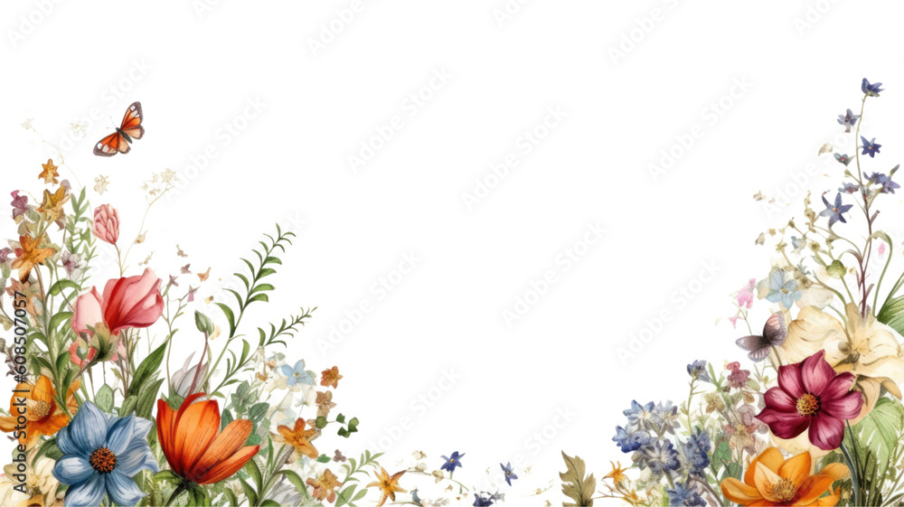 Fototapeta premium whimsical wildflower blossoms as a frame border, isolated with negative space for layouts