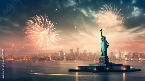 The Statue of Liberty with blurred background of cityscape with beautiful fireworks at night, Manhattan, New York City, USA. Independence Day. Memorial Day. Generative Ai.