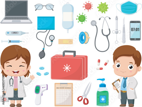 Cute little doctor cartoon with hospital elements